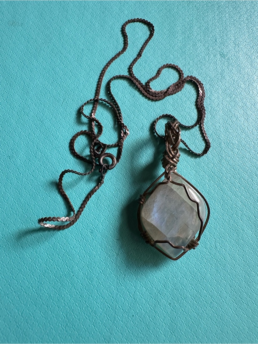 Vintage Sterling Silver Wire Wrapped Glowing Mystic Stone Necklace Witchy Vibes